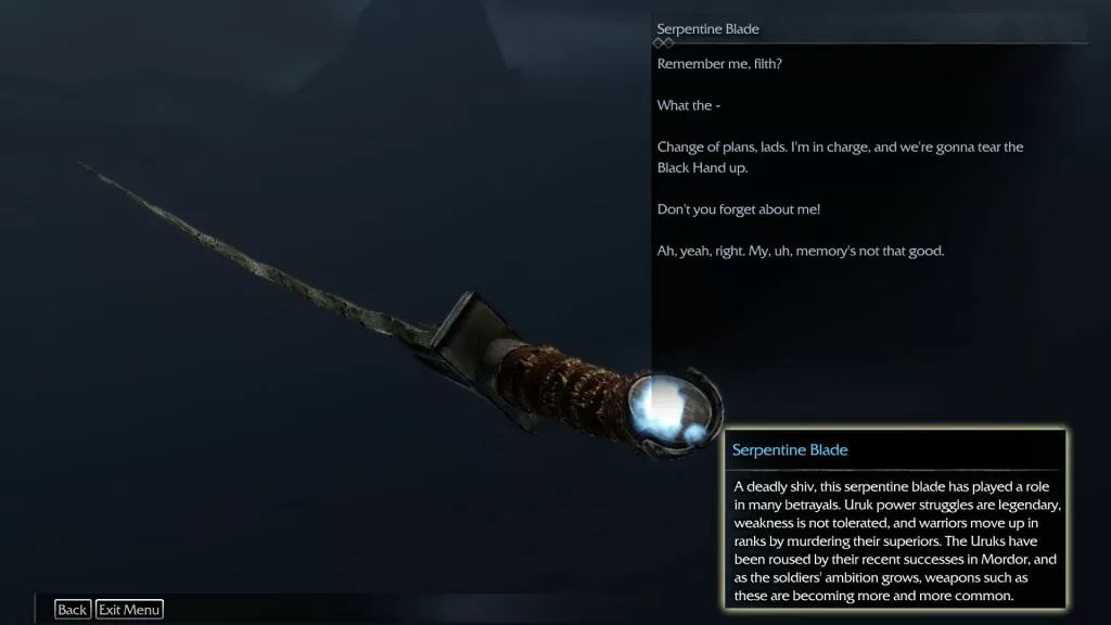 Shadow of Mordor Artifact Serpentine Blade