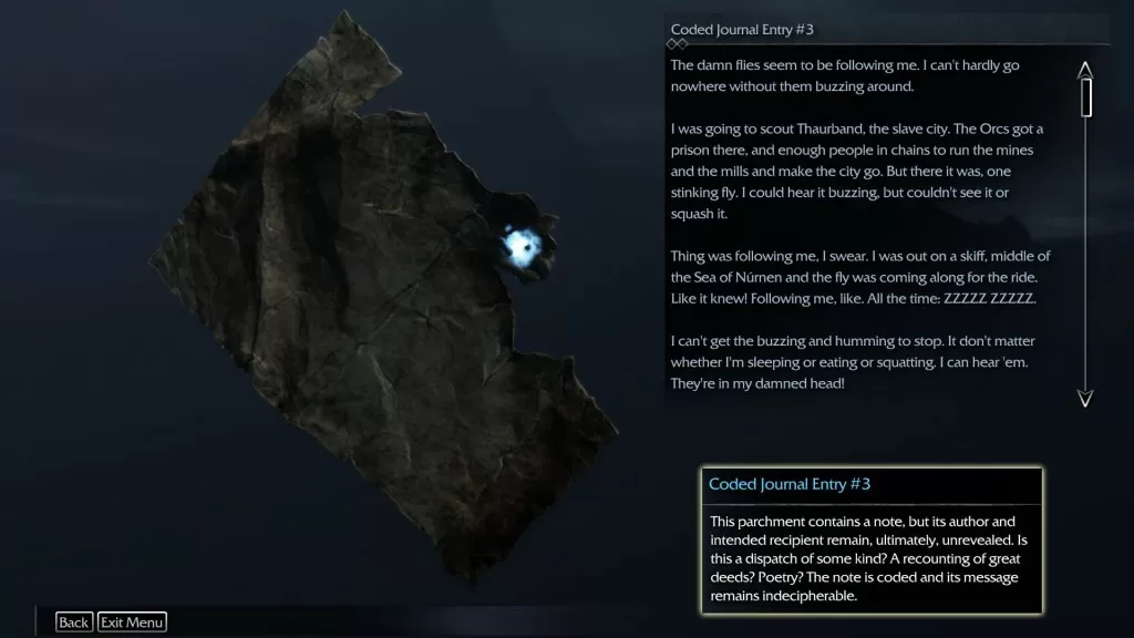 Shadow of Mordor Artifact Tirith Mesas Coded Journal Entry 3
