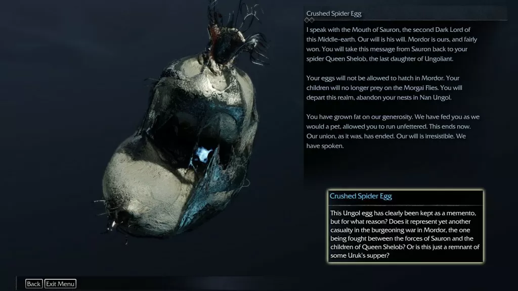 Shadow of Mordor Artifact Tirith Mesas Crushed Spider Egg