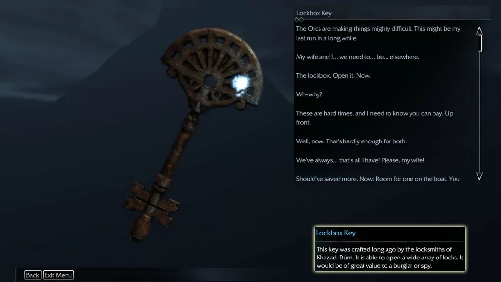 Shadow of Mordor Artifact Tol Crossing Stronghold Lockbox Key
