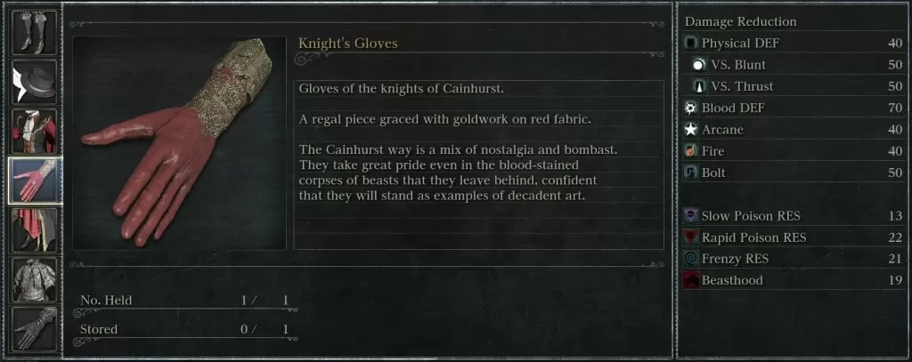 knight's gloves look and stats