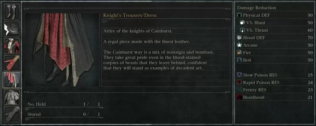 knight's trousers dress look and stats