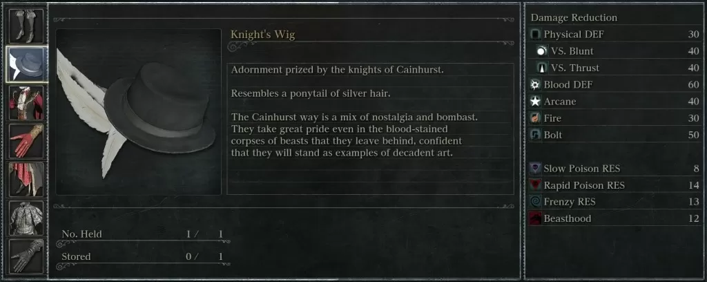 knight's wig look and stats