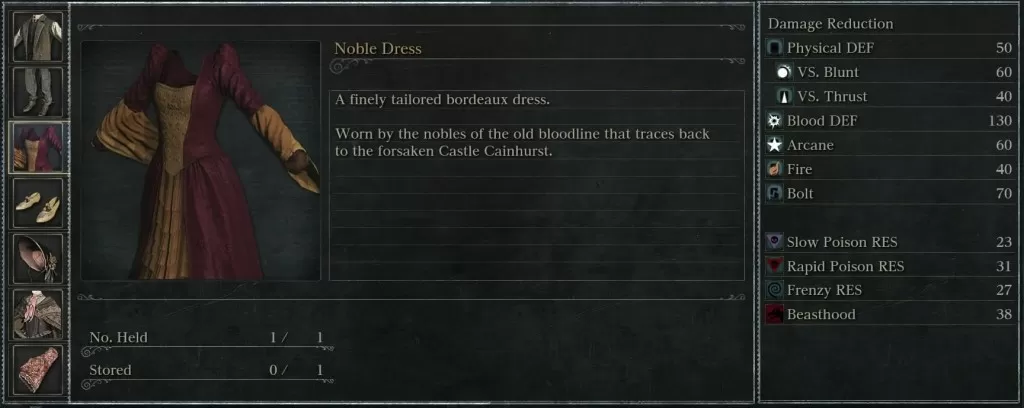 noble dress look and stats