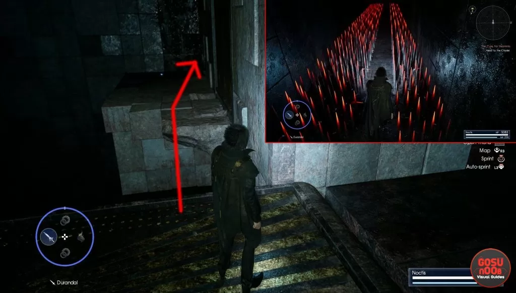 go left and cross through spikes room