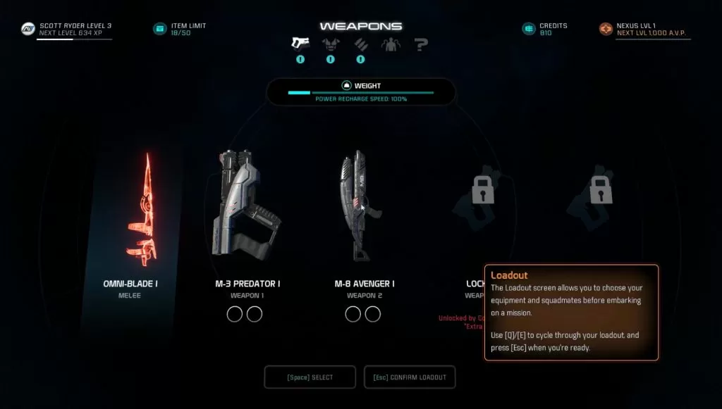 how to change weapons and armor in mass effect andromeda