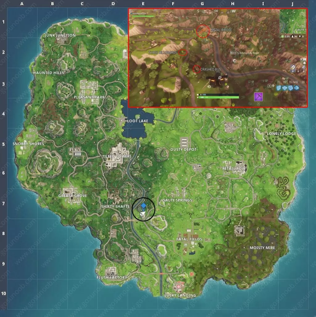 Search between a Metal Bridge, Three Billboards, and a Crashed Bus Fortnite BR Week 6 Challenge