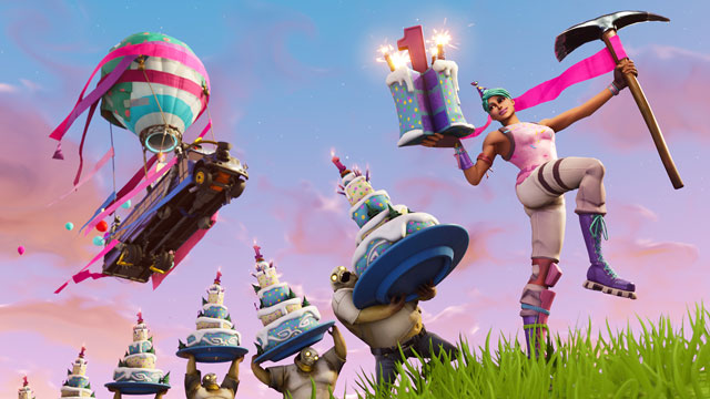 fortnite br dance in front of different birthday cakes