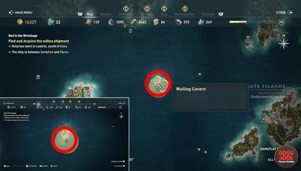 where to find lestros island in ac odyssey red in wreckage quest