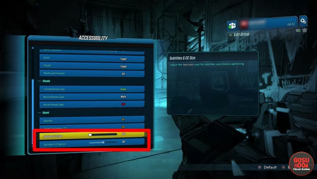 how to increase subtitle size borderlands 3 split screen