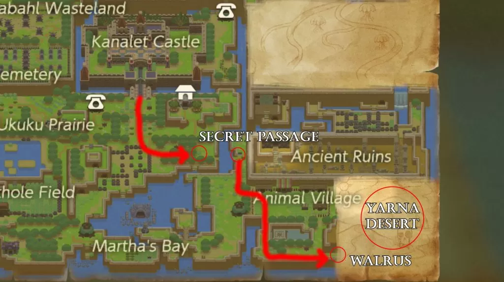 zelda link awakening where is desert yarna map