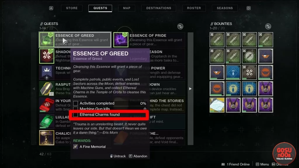 Destiny 2 Ethereal Charms Essence of Greed Fine Memorial Quest