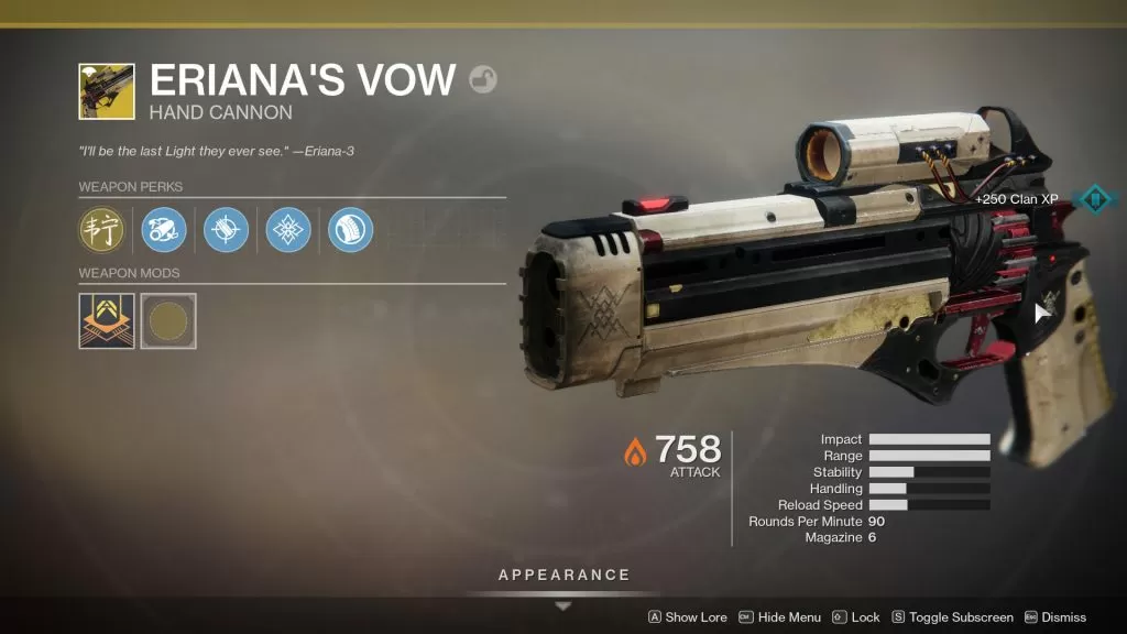 destiny 2 eriana's vow exotic hand cannon