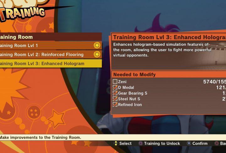 Training Room Upgrade Materials List in DBZ Kakarot Tough Enough