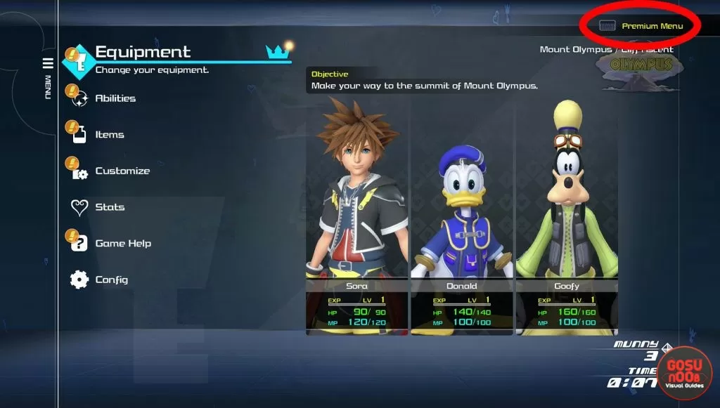 kingdom hearts 3 remind how to access premium menu