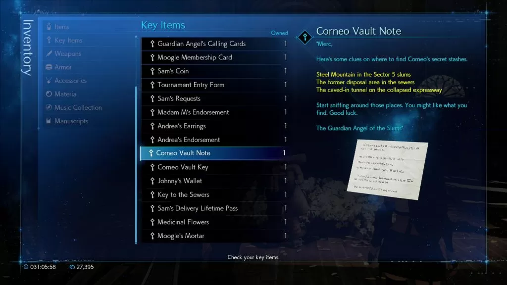 ff7 remake corneo's secret stash quest