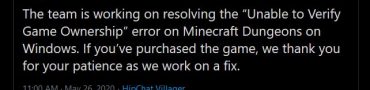 minecraft dungeons unable to verify game ownership error