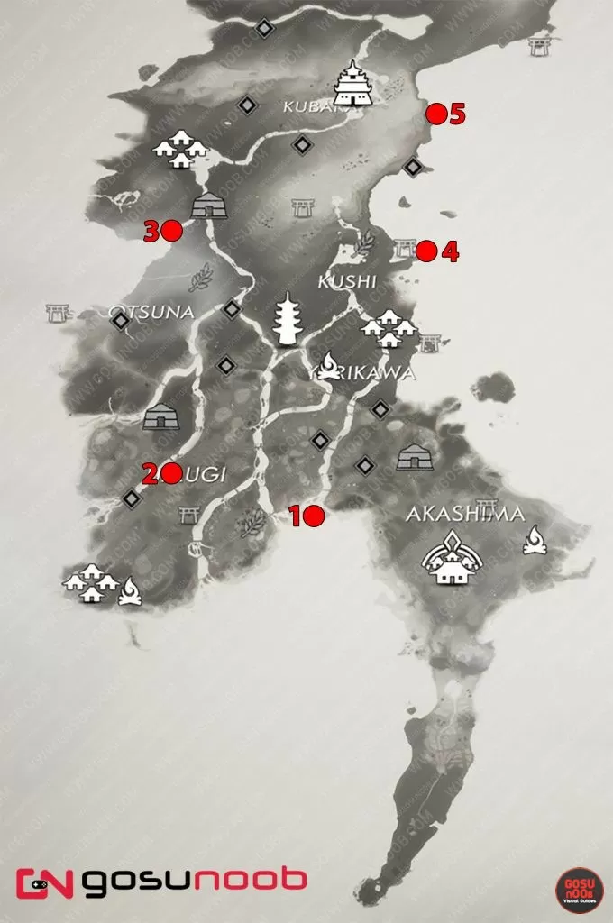 duel locations ghost of tsushima six blades of kojiro mythic tale