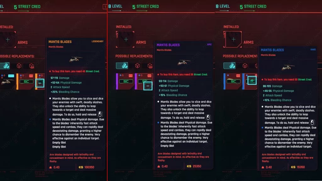 Cyberpunk 2077 Mantis Blades stats