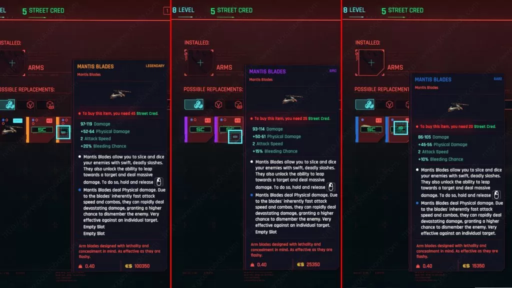 Cyberpunk 2077 Mantis Blades stats vendor