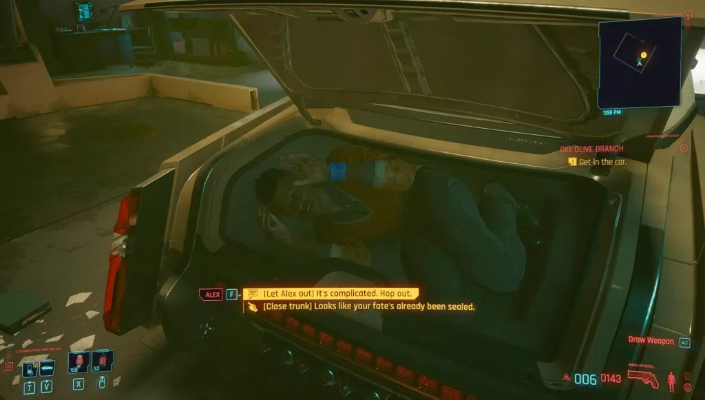 cyberpunk 2077 olive branch let alex out close trunk