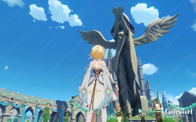 Take a picture of the Anemo God statue in front of the Cathedral