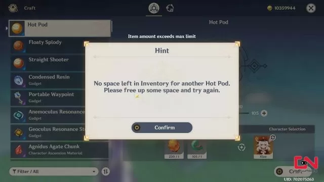 genshin impact no space left in inventory inventory full