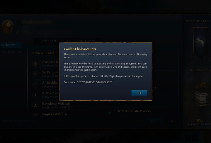 cant link steam to xbox live account age of empires 4