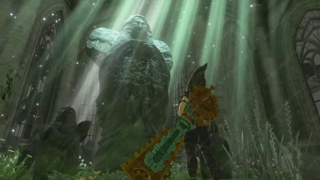 Statue Trapped Under Water Behind Stone Gate of Great Plateau Zelda Tears of the Kingdom