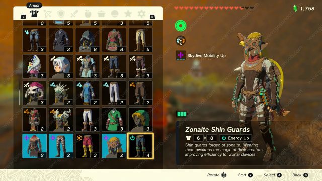 Zelda TOTK Zonaite Armor Upgrade Cost and Materials