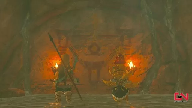 zelda totk standing back to back with the throne riju of gerudo town