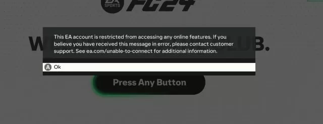 EA Account Can't Access Online Features Error Message