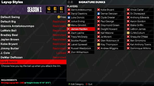 Layup and Signature Dunks Animation Requirements in NBA 2K24