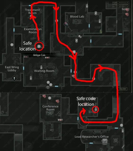 Map of examination room safe location and safe code location