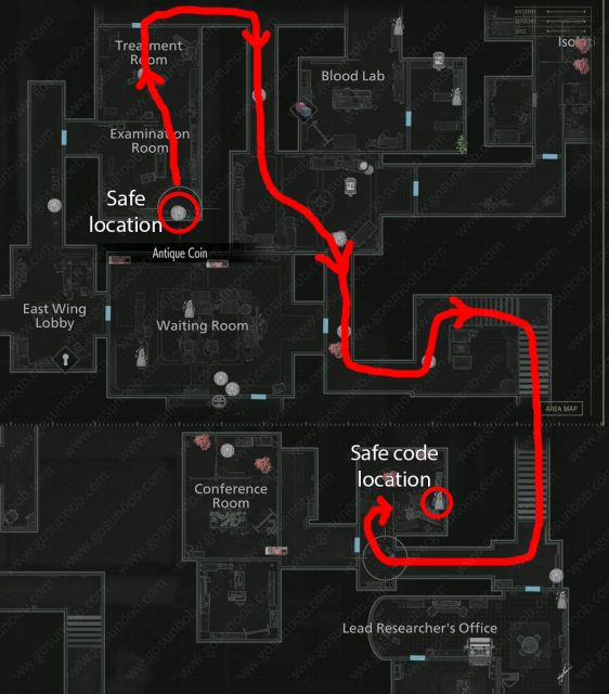 Map of examination room safe location and safe code location